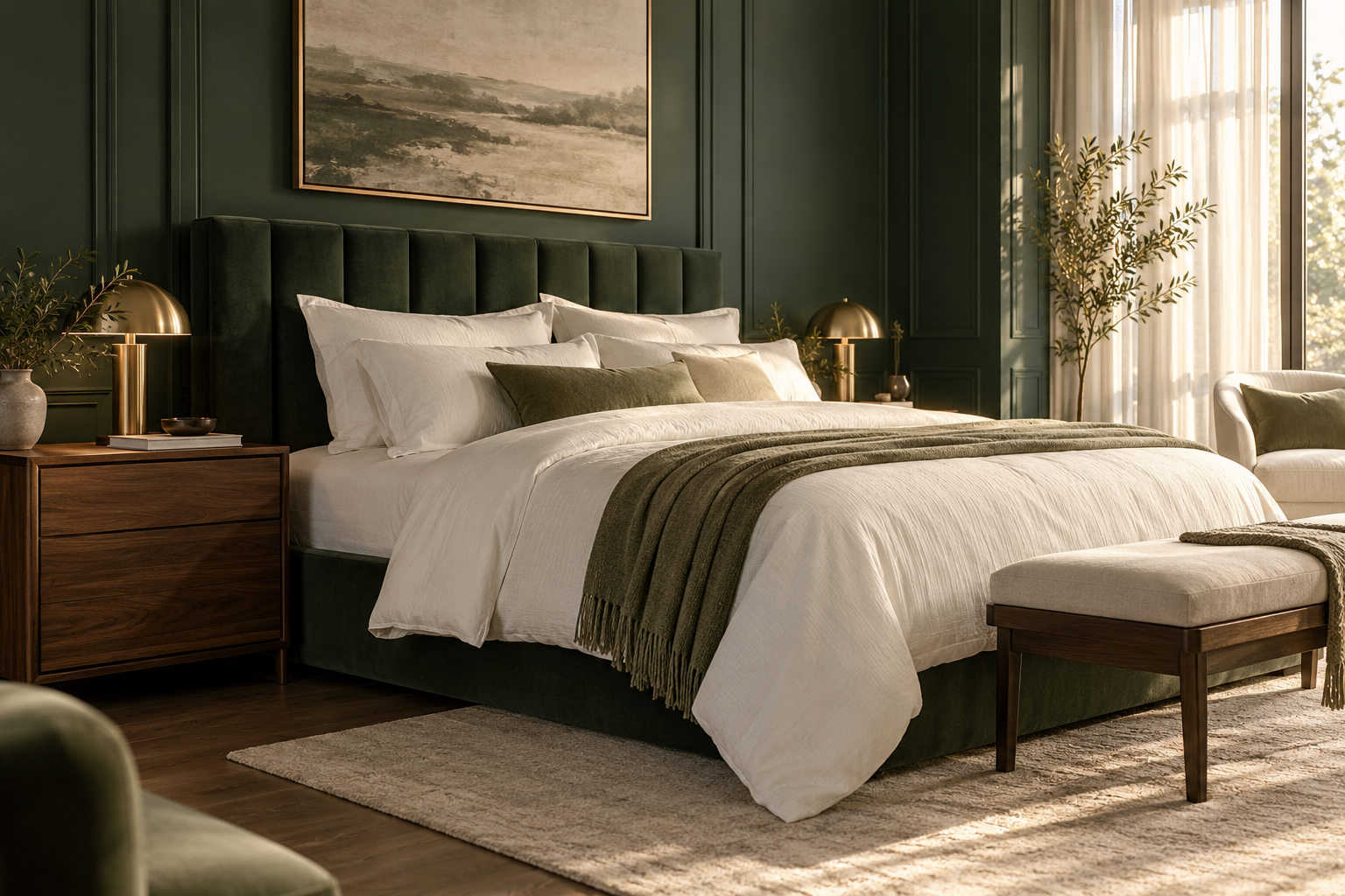 A serene bedroom with white bedding, an emerald headboard and warm morning light
